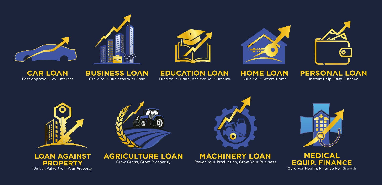 Car Loan, Business Loan, Education Loan, Home Loan, Personal Loan, Loan Against Property, Agriculture Loan, Machinery Loan and Medical Equipment Finance